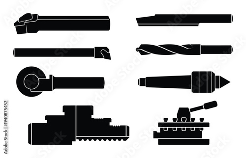 Detailed silhouette collection of metalworking lathe tools and equipment for metal machining process and industrial production