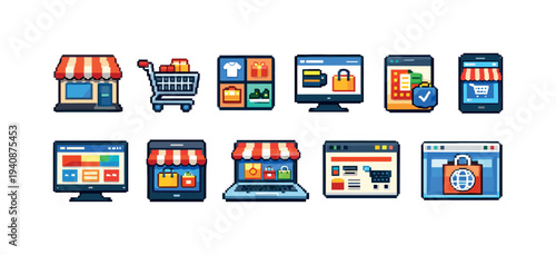 Ecommerce, shopping flat icon set. online store, cart, payment icons flat collection