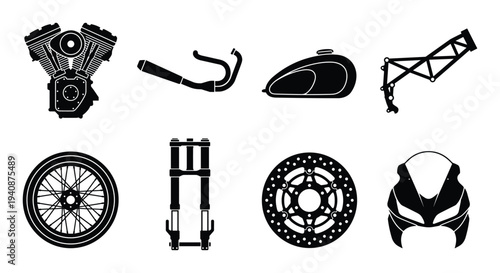 Detailed silhouette collection of motorcycle engine parts, exhaust, gas tank, frame, wheel, front fork, disc brake, front cowl