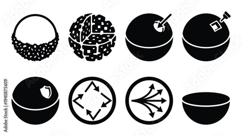 Detailed silhouette collection of photonics integration concepts, including injection, splitting, light absorption, with spheres and bowl