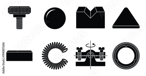 Detailed silhouette collection of photonics, kinematics, and mechanical components for engineering and design projects.