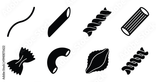 Detailed silhouette collection of pasta extrusion with diverse shapes, including penne, fusilli, farfalle, rigatoni and elbow macaroni.