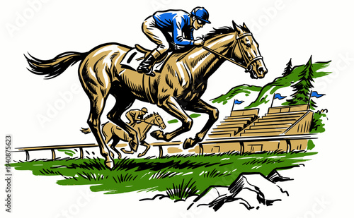 Vintage style horse racing illustration featuring a jockey riding a galloping thoroughbred on a racetrack, perfect for sports apparel prints, posters,