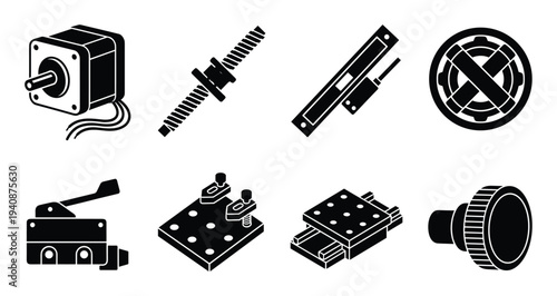 Detailed silhouette collection of photonics motor, screw, switch, knob, stage and linear rail mechanical components vector art