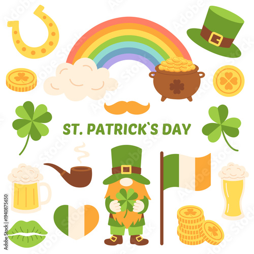 St. Patrick Day vector set with leprechaun, rainbow, shamrock, beer, coins, hat, pipe, horseshoe and Ireland flag. Simple cute festive icons for Irish holiday design, greeting card, poster, print.