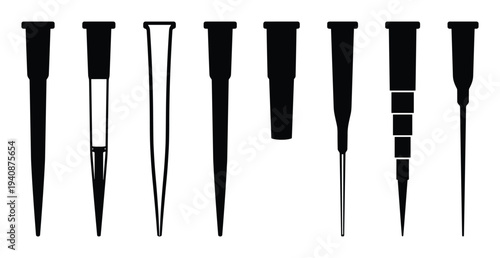 Detailed Silhouette Collection of Pipette Tips Profiles for Scientific Research and Medical Lab Uses in Black and White