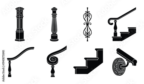 Detailed silhouette collection of staircase balusters, handrails, and steps, showing newel posts and decorative ironwork