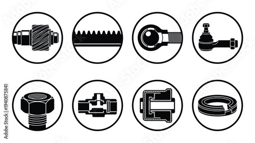 Detailed silhouette collection of steering rack and pinion, tie rod end, nut, bolt, and washer auto car parts