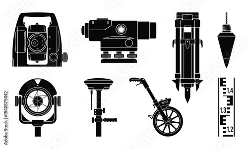 Detailed silhouette collection of surveying equipment, total station, level, tripod, prism, GPS receiver, measuring wheel and rod.
