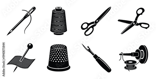 Detailed silhouette collection of sewing and textile tools including needles, thread, scissors and sewing machine.