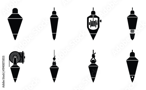 Detailed silhouette collection of surveying plumb bobs with diverse designs and attachment types, tools for precise vertical alignment.