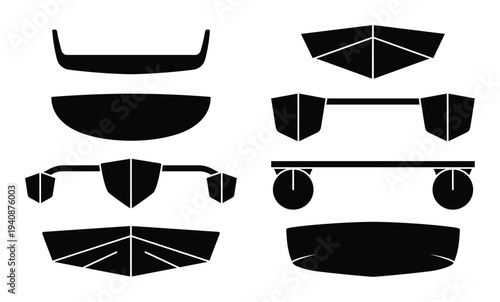 Detailed silhouette collection of various boat hull cross-sections and designs, showing different hull shapes and configurations.