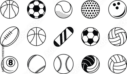 Sports balls collection basketball soccer tennis golf bowling volleyball baseball rugby billiard vector icon set equipment recreation game