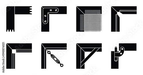 Detailed silhouette collection of woodworking corner joints, construction elements, black and white frame connections and corner braces.