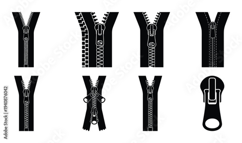 Detailed silhouette collection of zipper teeth in various styles, open and closed positions. Fasteners elements for clothing and bags