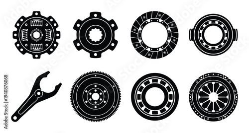 Detailed vector illustration of a clutch pressure plate, disc, bearing, and tool silhouette collection for auto repair