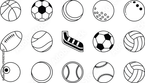 Sports balls outline collection basketball soccer tennis golf bowling volleyball baseball rugby billiard vector line icon set equipment