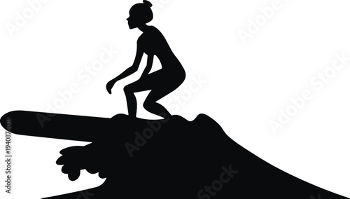 Surfing woman silhouette riding ocean wave, female surfer with surfboard action, extreme water sport vector illustration