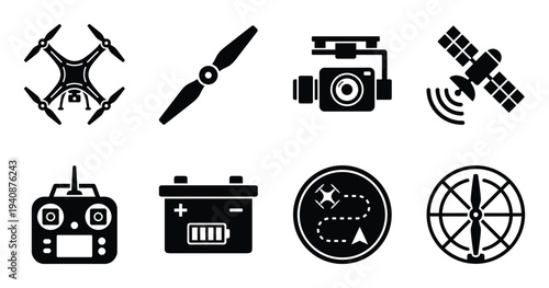 Drone elements vector illustration, drone, rotors, camera, gps, battery, and controller icons in black and white