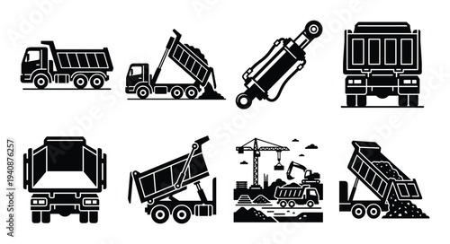 Dump Truck and Construction Site Icons Collection Vector Silhouette, Trucks, Cylinder, and Site Vehicles Illustrations