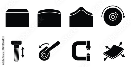 English wheel machine metalworking tools anvil die icons set, adjustable screw, rotating handle, C clamp and sheet stretching.