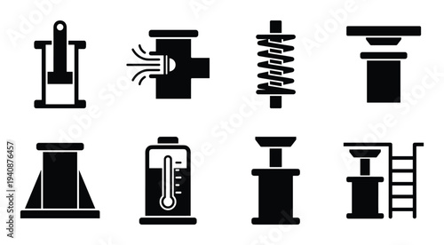 Elevator pit oil buffer icons set. Machinery, engineering, and industry equipment black vector illustration