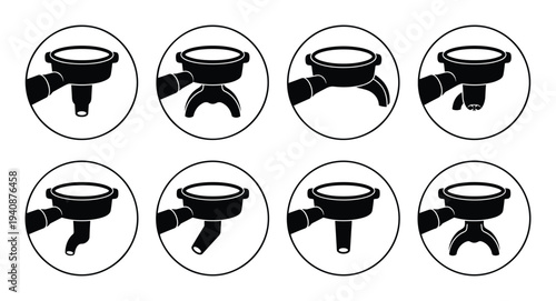 Espresso portafilter spout icons collection in circle frames, professional coffee maker elements illustration