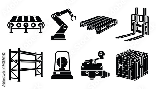 Factory and manufacture silhouette vector icons. Conveyor, robot arm, pallet, forklift, shelving, alarm, switch, crate illustration.