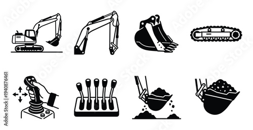 Excavator vector set with eight icons including excavator arm, bucket, track, joystick, and levers for construction projects.