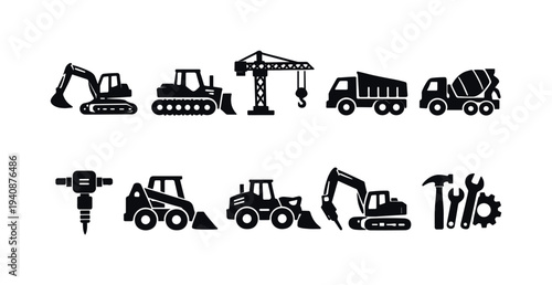 Construction silhouette icon set. building, tools, heavy equipment silhouette collection.