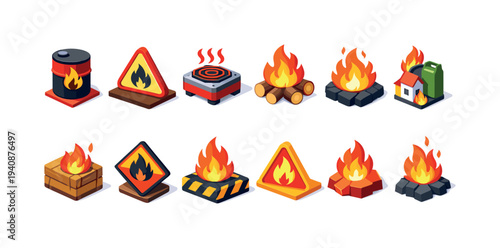 Fire safety 3d icon set. warning, flame, campfire, and hazard icons collection