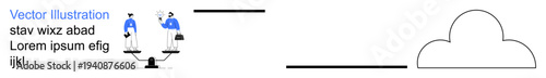 Teamwork, digital transformation, collaboration, cloud technology, balance, decision-making. Two figures on scales balance, connected to a cloud. Teamwork and digital transformation concepts