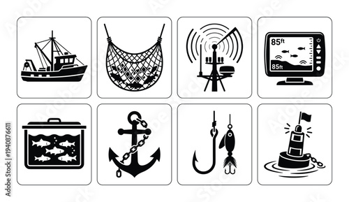 Fishing boat, net, radar, icons featuring vessel, fishing equipment, antenna, fish finder, anchor, lure, and buoy images