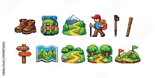 Hiking and camping pixel art icon set. outdoor, adventure, wilderness pixel icons