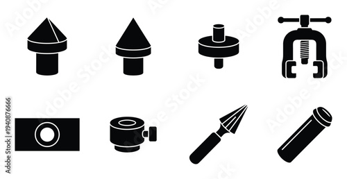 Flaring tool cone eccentric icons, plumbing instrument silhouette vector design, isolated equipment for tubing work