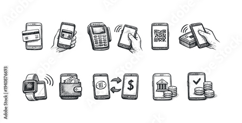 Mobile payment sketch icon set: financial, money transfer, banking symbols in line art