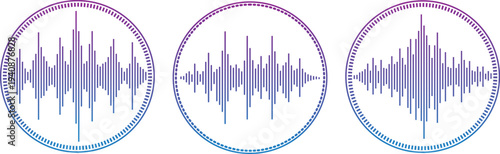 Modern circular audio waveform equalizer icons representing sound signal and music technology visualization