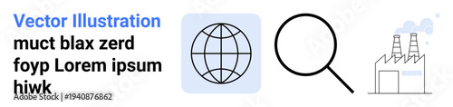 Environmental awareness, global trade, pollution studies, sustainability, research, industry analysis. Globe and magnifying glass beside factory releasing smoke. Environmental awareness and global