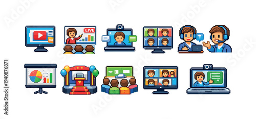 Online learning flat icon set. e-learning, virtual class icons flat collection