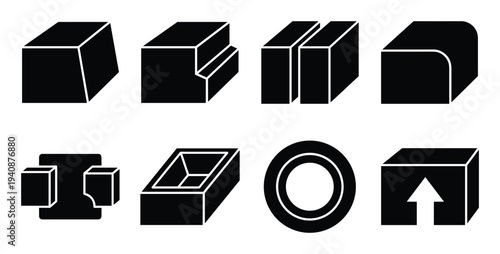 Foundry pattern draft angle icons collection vector illustration design, geometric black shapes with different styles