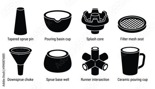 Foundry sprue cutter cup components vector icons set. Tapered sprue pin, runner intersection, filter mesh seat and ceramic pouring cup.