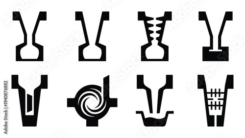 Foundry runner gate choke design icons set. Casting system illustration for metalworking, manufacturing process vector.