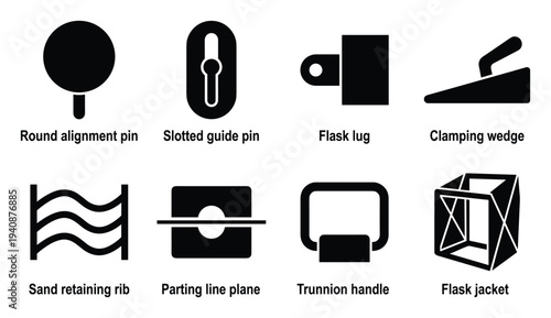 Foundry flask alignment pin icons collection, round alignment pin, slotted guide pin, flask lug, clamping wedge illustrations.