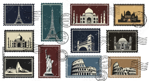 Collection of iconic landmarks from around the world on postage stamps.