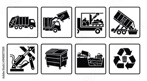 Garbage truck icons set featuring compactor, lift, dump, recycling, trash, and construction equipment black and white vector