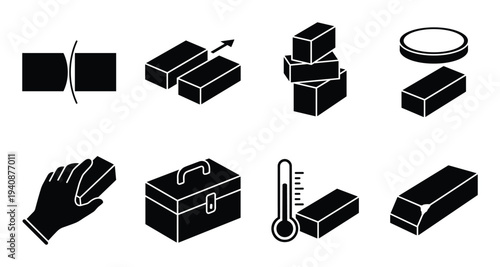 Gauge block wringing adhesion icons set, precision measuring blocks, tool box, thermometer, isometric view, and hand holding block