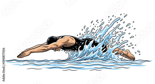 Illustration of a woman swimming in a black swimsuit.
