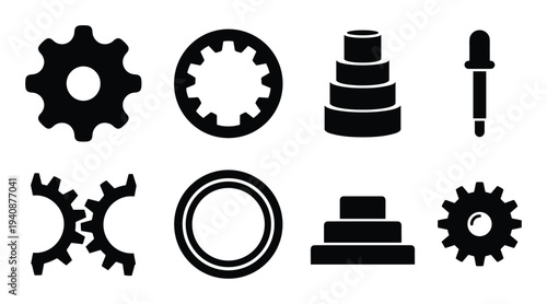 Gears, cylinders, and dropper icons set. Black mechanical parts, stacking blocks, and pipette symbols vector collection.