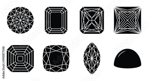 Gemstone shapes collection: Round, emerald, marquise, square, cushion, cabochon. Lapidary design with detailed facets and outlines.