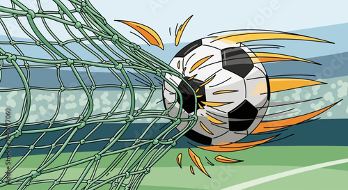 Soccer ball flying into the goal net with dynamic motion.